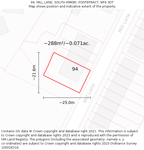 94, MILL LANE, SOUTH KIRKBY, PONTEFRACT, WF9 3DT: Plot and title map