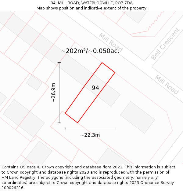 94, MILL ROAD, WATERLOOVILLE, PO7 7DA: Plot and title map