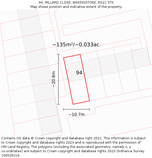 94, MILLARD CLOSE, BASINGSTOKE, RG21 5TX: Plot and title map