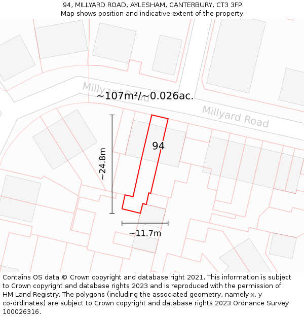 94, MILLYARD ROAD, AYLESHAM, CANTERBURY, CT3 3FP: Plot and title map