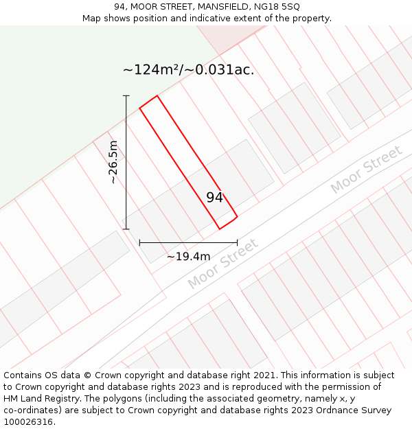 94, MOOR STREET, MANSFIELD, NG18 5SQ: Plot and title map