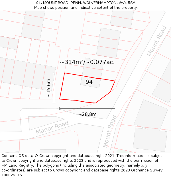 94, MOUNT ROAD, PENN, WOLVERHAMPTON, WV4 5SA: Plot and title map