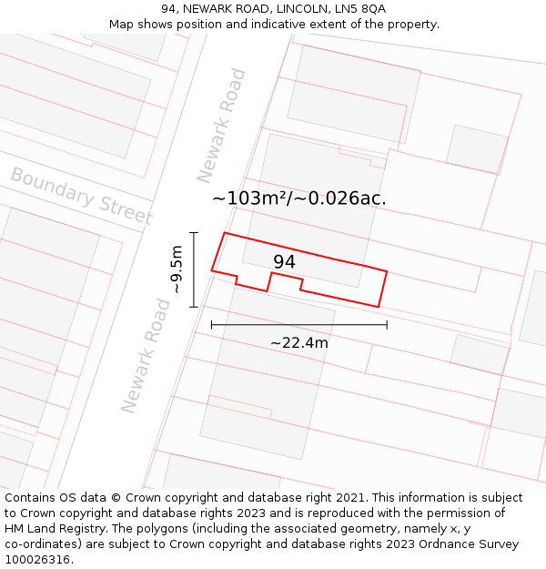 94, NEWARK ROAD, LINCOLN, LN5 8QA: Plot and title map