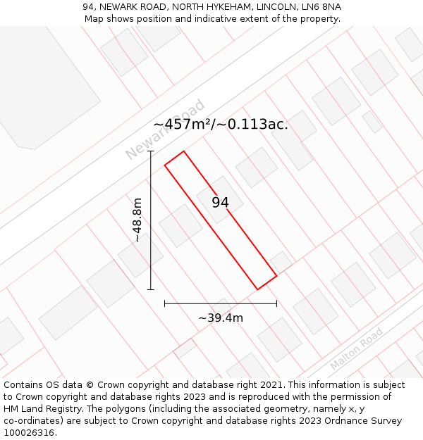 94, NEWARK ROAD, NORTH HYKEHAM, LINCOLN, LN6 8NA: Plot and title map