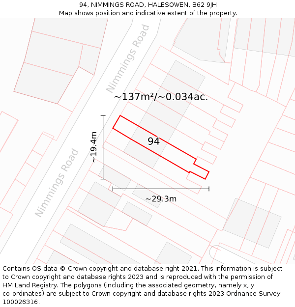 94, NIMMINGS ROAD, HALESOWEN, B62 9JH: Plot and title map
