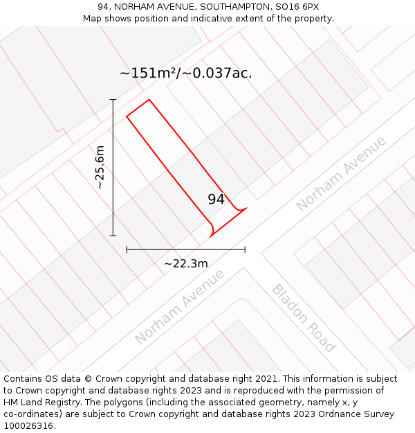 94, NORHAM AVENUE, SOUTHAMPTON, SO16 6PX: Plot and title map