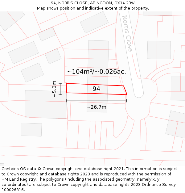 94, NORRIS CLOSE, ABINGDON, OX14 2RW: Plot and title map