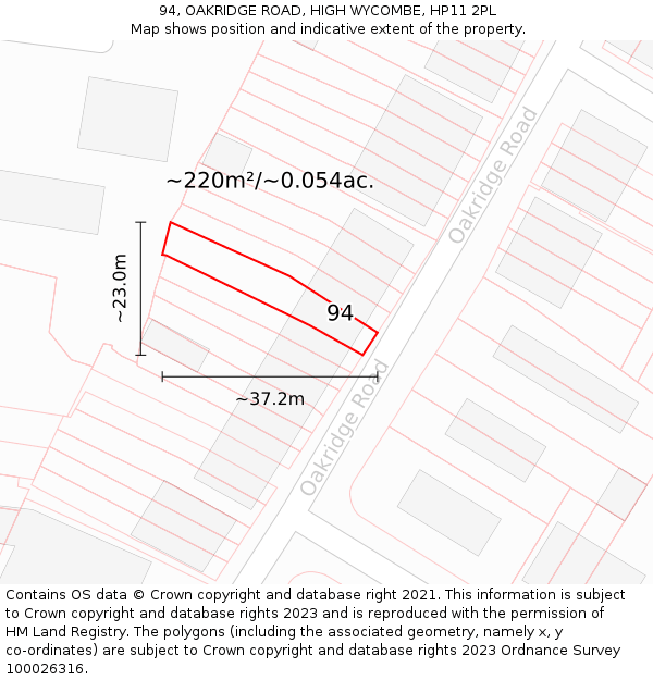 94, OAKRIDGE ROAD, HIGH WYCOMBE, HP11 2PL: Plot and title map