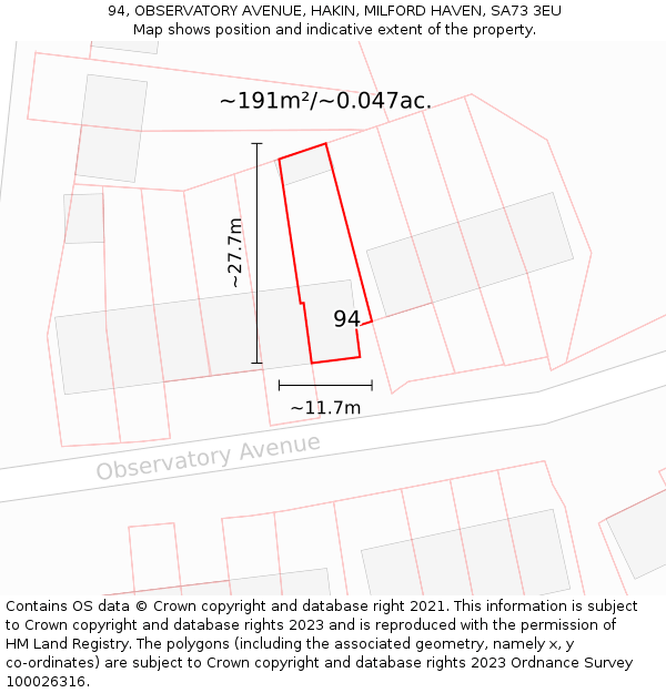94, OBSERVATORY AVENUE, HAKIN, MILFORD HAVEN, SA73 3EU: Plot and title map