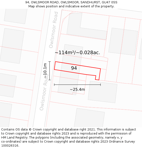 94, OWLSMOOR ROAD, OWLSMOOR, SANDHURST, GU47 0SS: Plot and title map