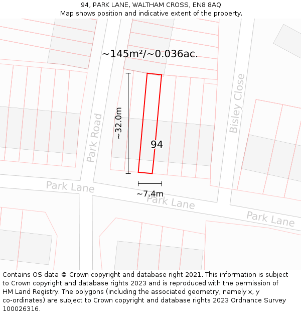 94, PARK LANE, WALTHAM CROSS, EN8 8AQ: Plot and title map