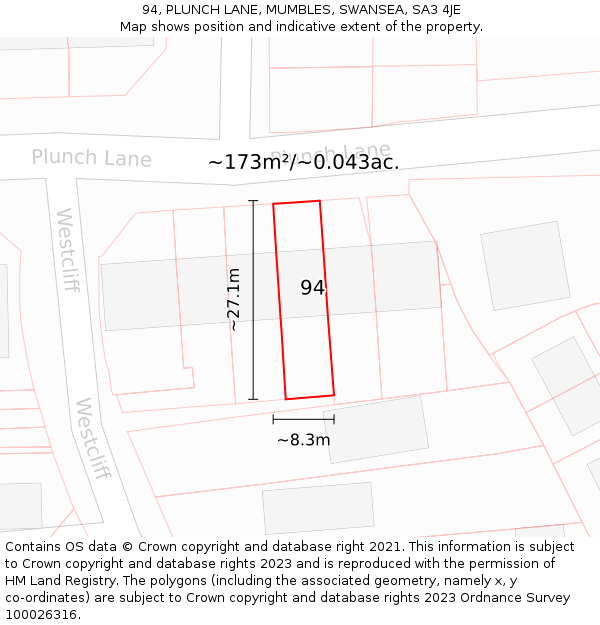 94, PLUNCH LANE, MUMBLES, SWANSEA, SA3 4JE: Plot and title map