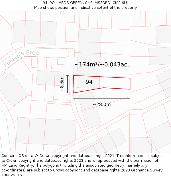 94, POLLARDS GREEN, CHELMSFORD, CM2 6UL: Plot and title map