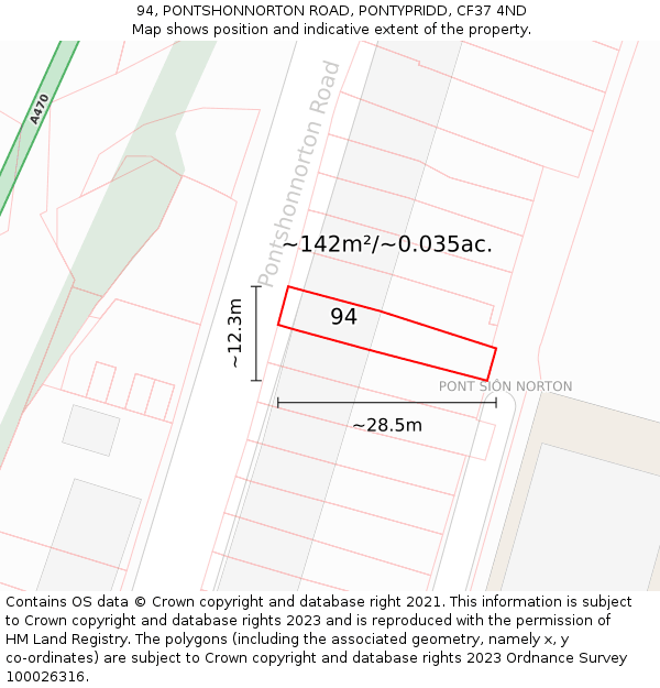 94, PONTSHONNORTON ROAD, PONTYPRIDD, CF37 4ND: Plot and title map