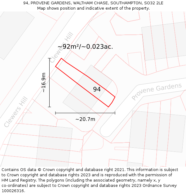 94, PROVENE GARDENS, WALTHAM CHASE, SOUTHAMPTON, SO32 2LE: Plot and title map