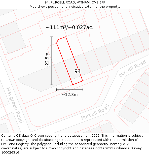 94, PURCELL ROAD, WITHAM, CM8 1FF: Plot and title map