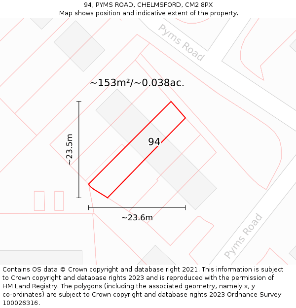 94, PYMS ROAD, CHELMSFORD, CM2 8PX: Plot and title map
