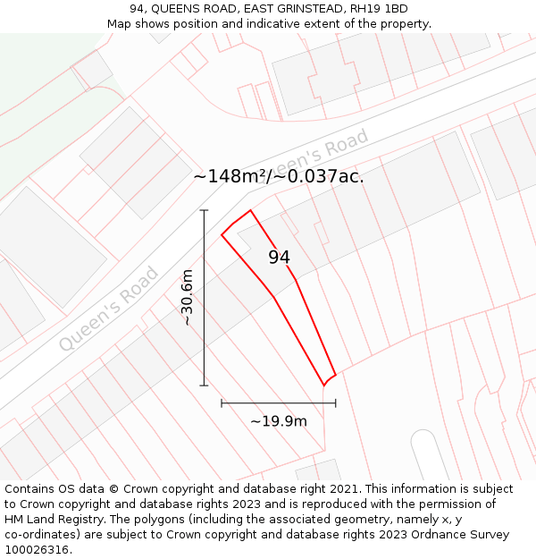 94, QUEENS ROAD, EAST GRINSTEAD, RH19 1BD: Plot and title map