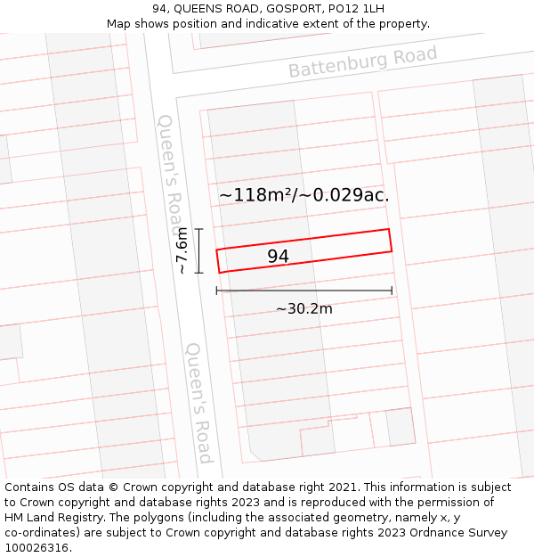 94, QUEENS ROAD, GOSPORT, PO12 1LH: Plot and title map