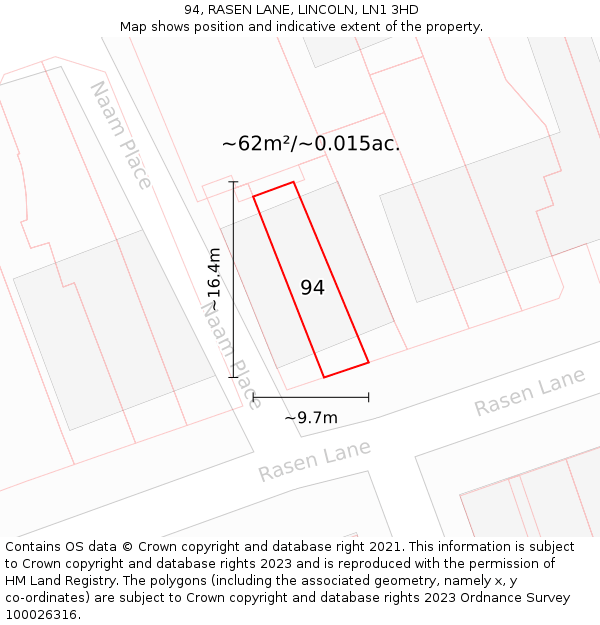 94, RASEN LANE, LINCOLN, LN1 3HD: Plot and title map