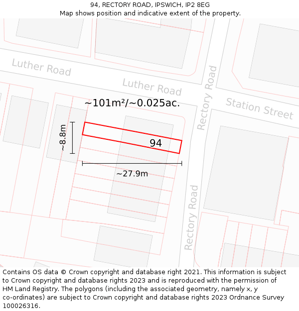 94, RECTORY ROAD, IPSWICH, IP2 8EG: Plot and title map