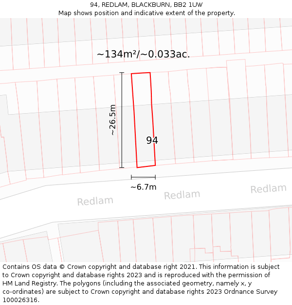 94, REDLAM, BLACKBURN, BB2 1UW: Plot and title map