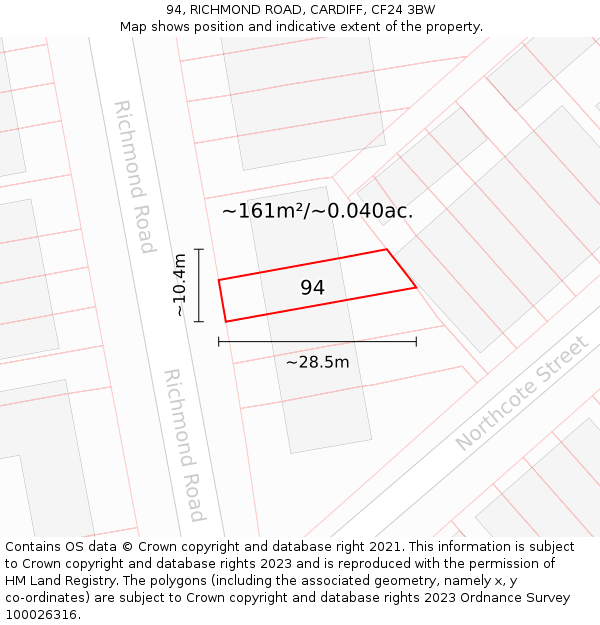94, RICHMOND ROAD, CARDIFF, CF24 3BW: Plot and title map
