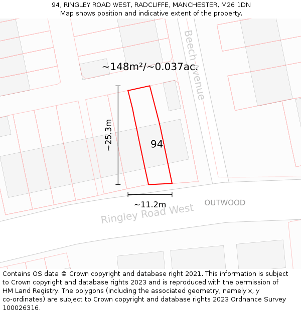 94, RINGLEY ROAD WEST, RADCLIFFE, MANCHESTER, M26 1DN: Plot and title map