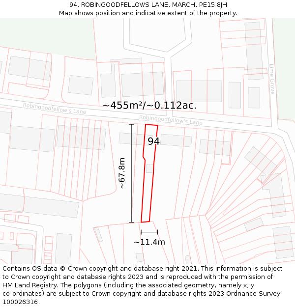 94, ROBINGOODFELLOWS LANE, MARCH, PE15 8JH: Plot and title map