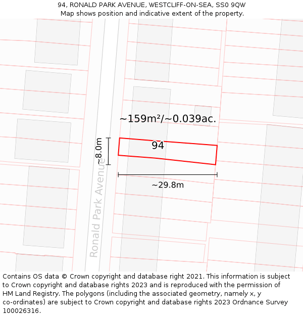 94, RONALD PARK AVENUE, WESTCLIFF-ON-SEA, SS0 9QW: Plot and title map