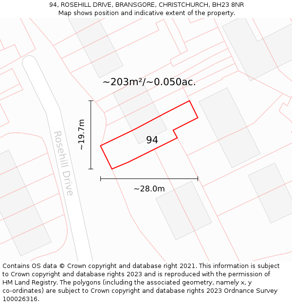 94, ROSEHILL DRIVE, BRANSGORE, CHRISTCHURCH, BH23 8NR: Plot and title map