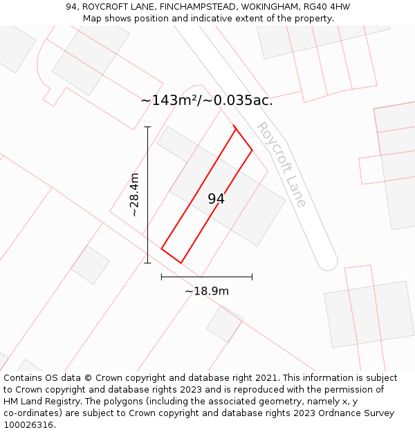 94, ROYCROFT LANE, FINCHAMPSTEAD, WOKINGHAM, RG40 4HW: Plot and title map