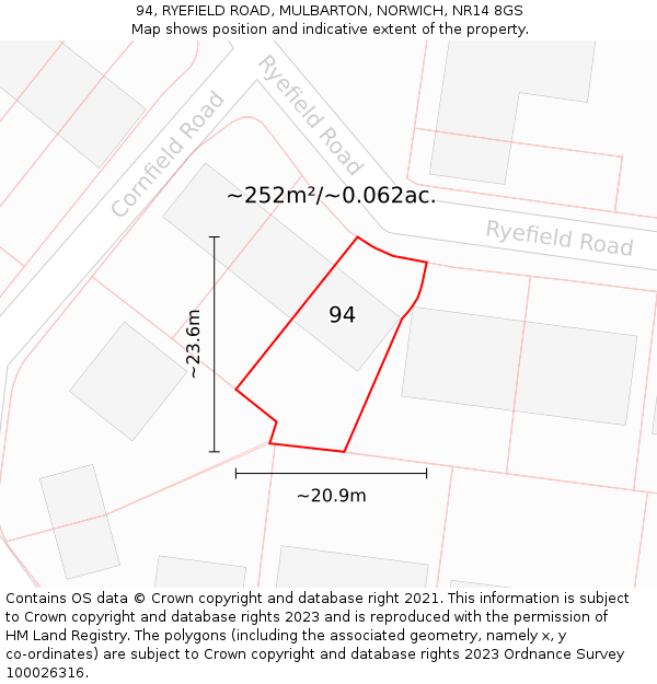 94, RYEFIELD ROAD, MULBARTON, NORWICH, NR14 8GS: Plot and title map