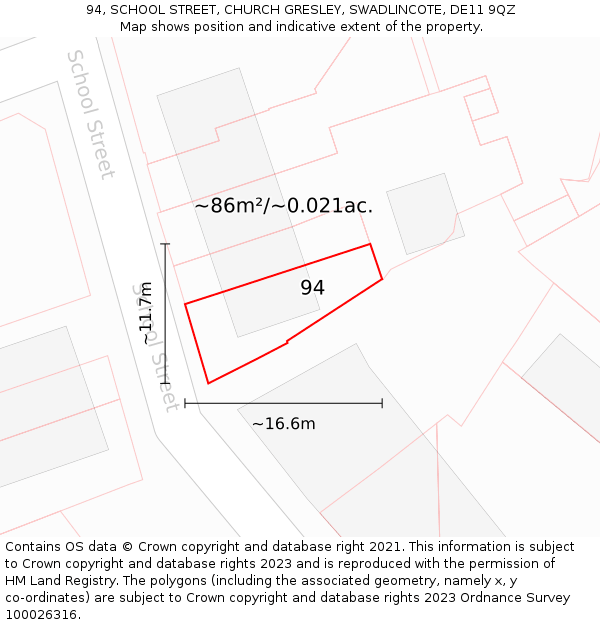 94, SCHOOL STREET, CHURCH GRESLEY, SWADLINCOTE, DE11 9QZ: Plot and title map