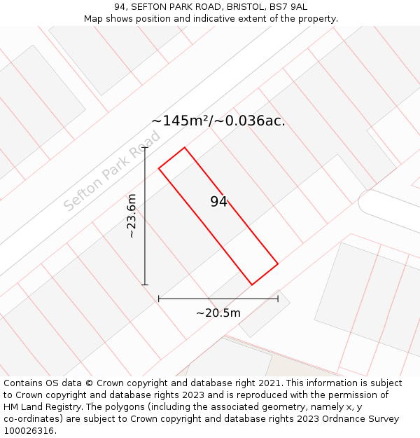 94, SEFTON PARK ROAD, BRISTOL, BS7 9AL: Plot and title map