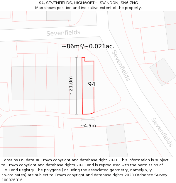 94, SEVENFIELDS, HIGHWORTH, SWINDON, SN6 7NG: Plot and title map