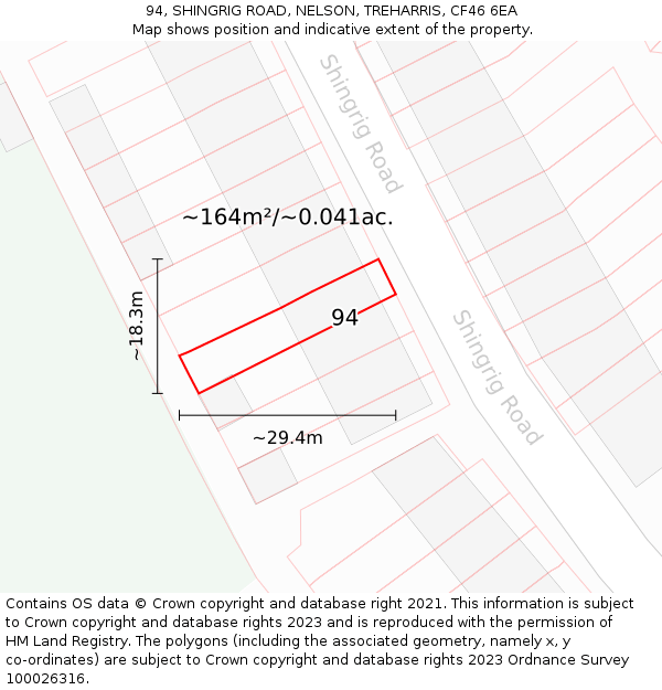 94, SHINGRIG ROAD, NELSON, TREHARRIS, CF46 6EA: Plot and title map