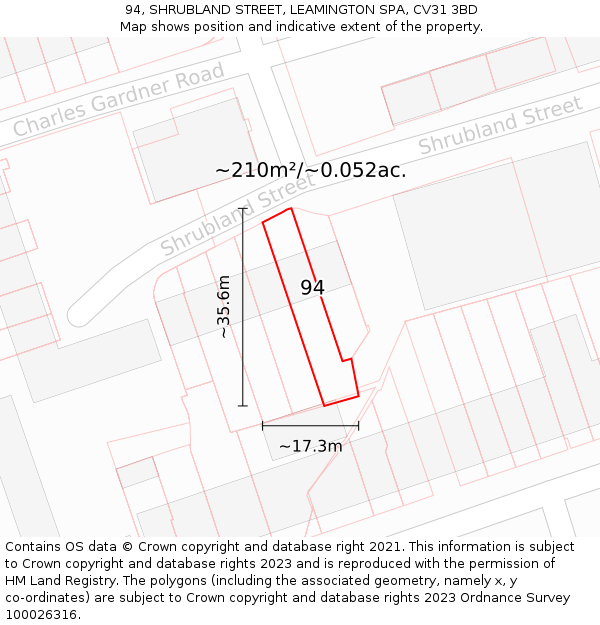 94, SHRUBLAND STREET, LEAMINGTON SPA, CV31 3BD: Plot and title map