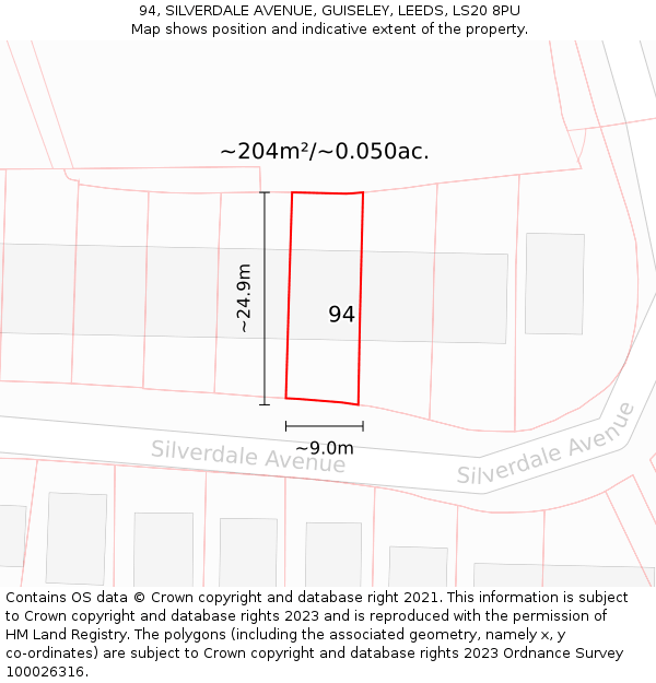 94, SILVERDALE AVENUE, GUISELEY, LEEDS, LS20 8PU: Plot and title map