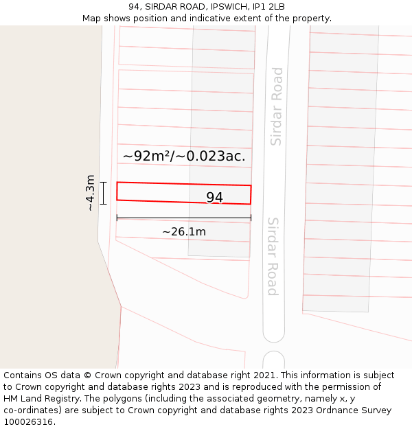 94, SIRDAR ROAD, IPSWICH, IP1 2LB: Plot and title map