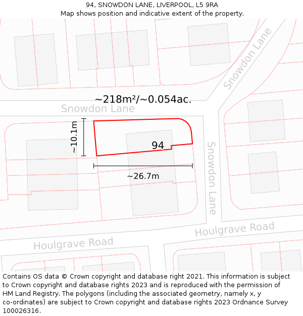 94, SNOWDON LANE, LIVERPOOL, L5 9RA: Plot and title map