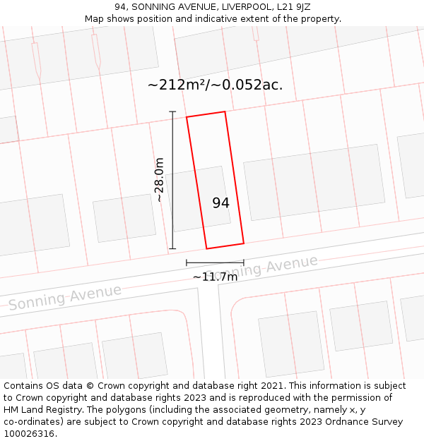 94, SONNING AVENUE, LIVERPOOL, L21 9JZ: Plot and title map