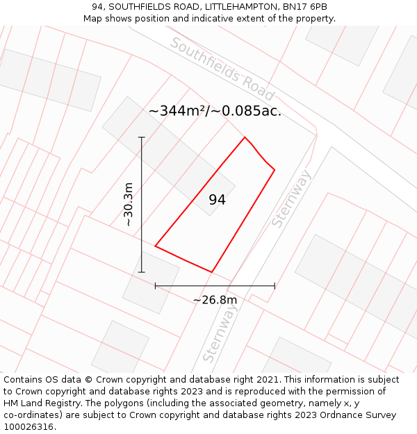94, SOUTHFIELDS ROAD, LITTLEHAMPTON, BN17 6PB: Plot and title map
