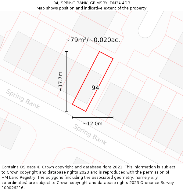 94, SPRING BANK, GRIMSBY, DN34 4DB: Plot and title map