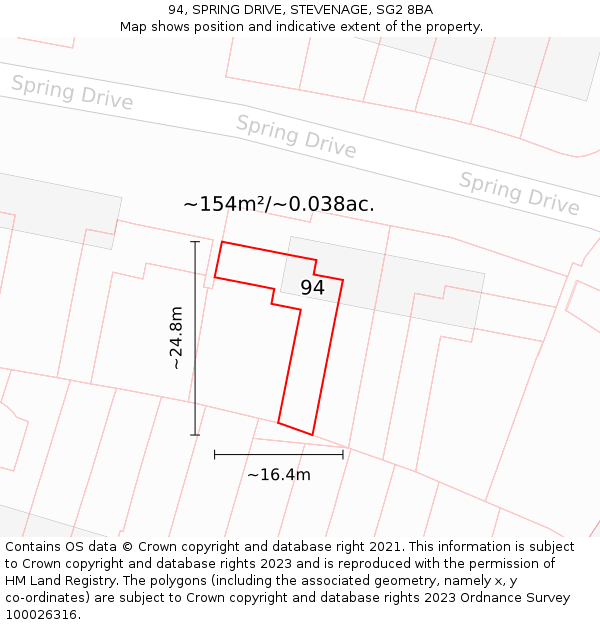 94, SPRING DRIVE, STEVENAGE, SG2 8BA: Plot and title map