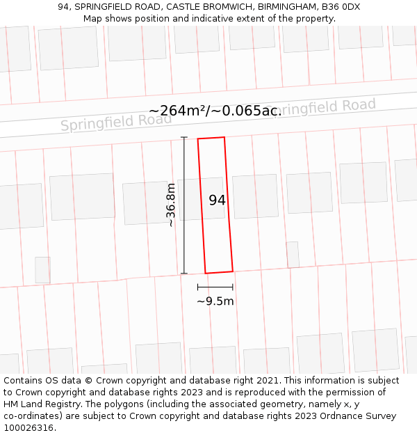 94, SPRINGFIELD ROAD, CASTLE BROMWICH, BIRMINGHAM, B36 0DX: Plot and title map