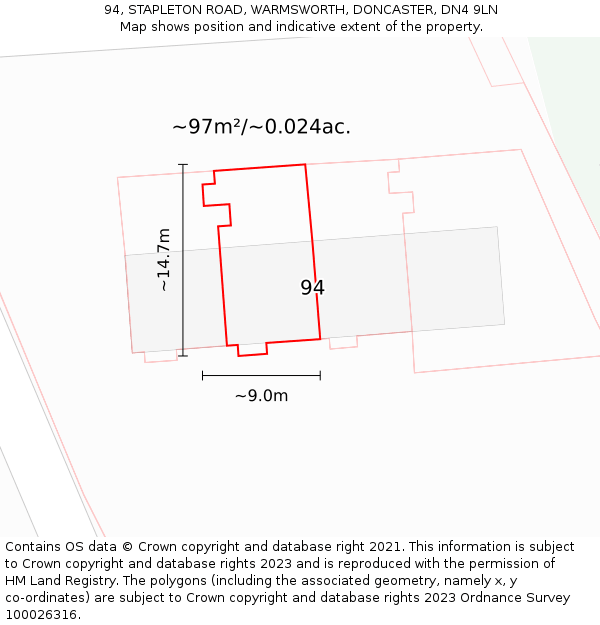 94, STAPLETON ROAD, WARMSWORTH, DONCASTER, DN4 9LN: Plot and title map