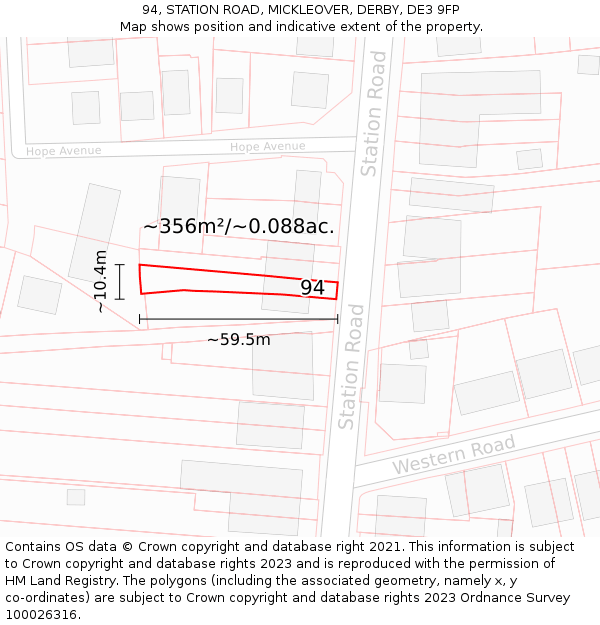 94, STATION ROAD, MICKLEOVER, DERBY, DE3 9FP: Plot and title map
