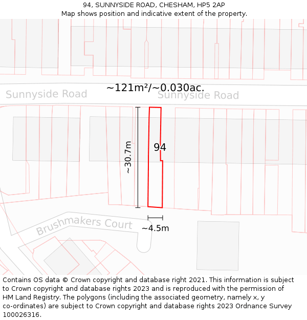 94, SUNNYSIDE ROAD, CHESHAM, HP5 2AP: Plot and title map