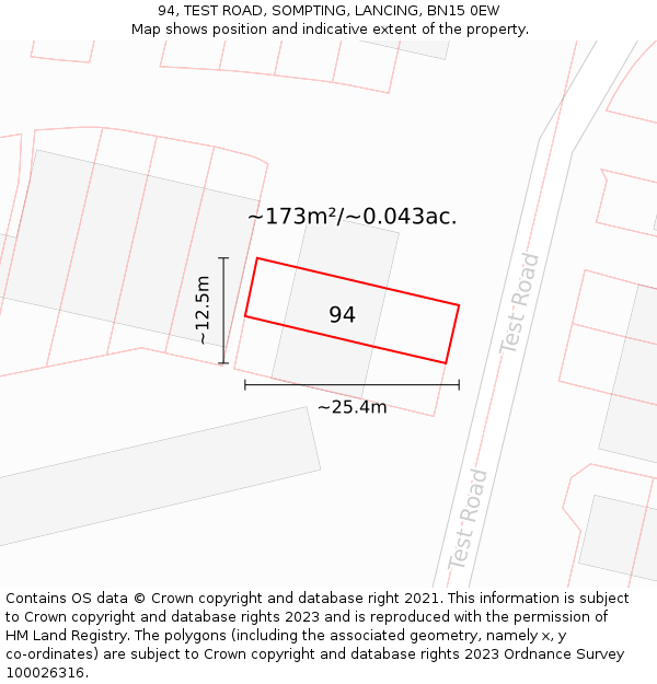 94, TEST ROAD, SOMPTING, LANCING, BN15 0EW: Plot and title map